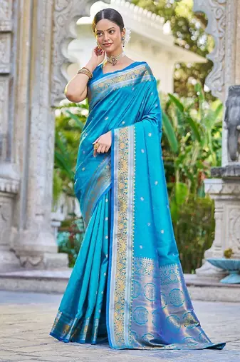 Blue woven design ethnic motifs zari saree