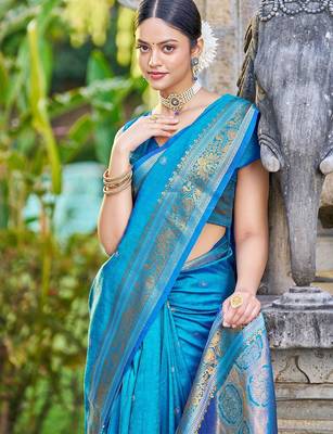 Blue woven design ethnic motifs zari saree 3