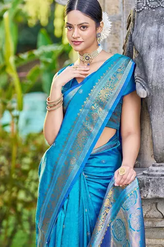 Blue woven design ethnic motifs zari saree