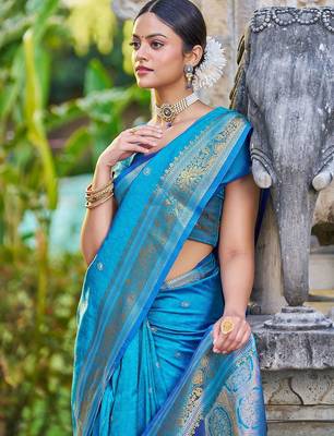 Blue woven design ethnic motifs zari saree 4
