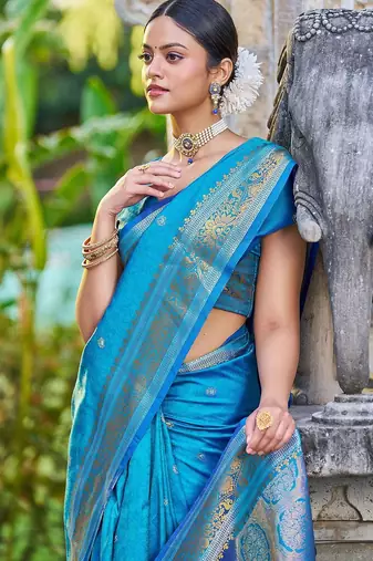 Blue woven design ethnic motifs zari saree