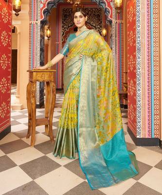 Yellow ethnic woven design zari pure cotton saree 1