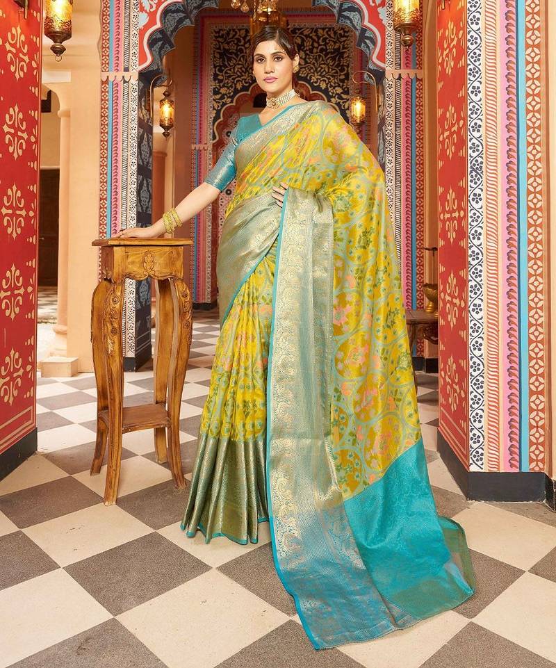 Yellow ethnic woven design zari pure cotton saree