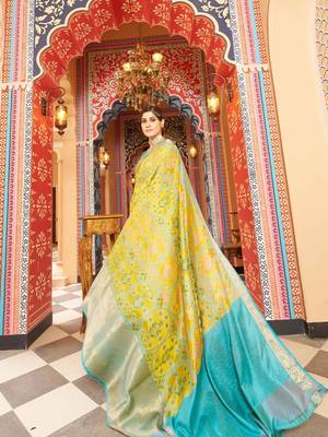 Yellow ethnic woven design zari pure cotton saree 2