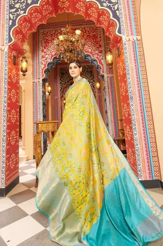 Yellow ethnic woven design zari pure cotton saree