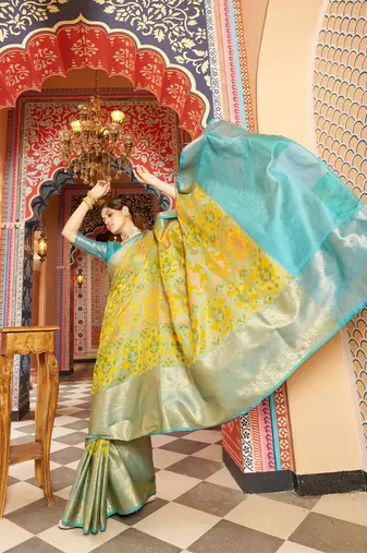 Yellow ethnic woven design zari pure cotton saree