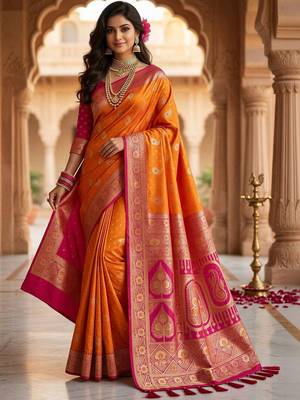 Orange orange embellished zari art silk banarasi saree for women 1