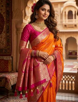 Orange orange embellished zari art silk banarasi saree for women 2
