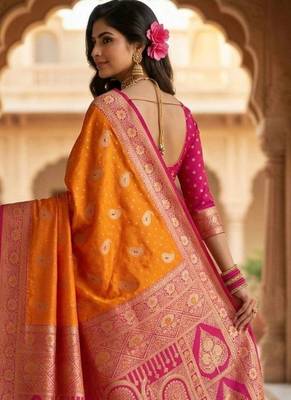 Orange orange embellished zari art silk banarasi saree for women 3