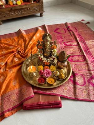 Orange orange embellished zari art silk banarasi saree for women 4
