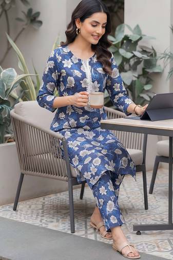 Blue printed co-ord set for women