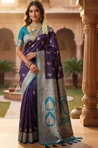 Purple paisley zari art silk banarasi saree