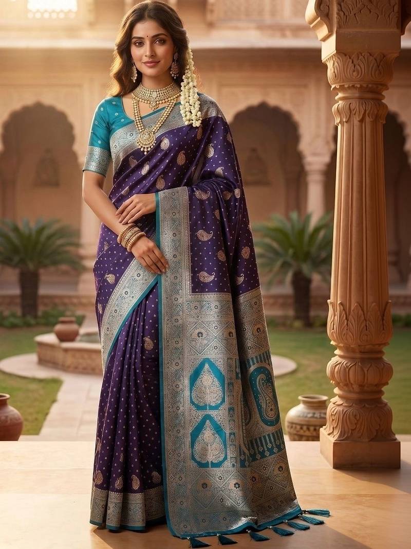 Purple paisley zari art silk banarasi saree