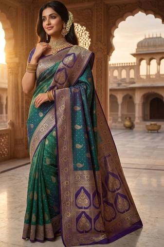 Teal woven design zari art silk banarasi saree