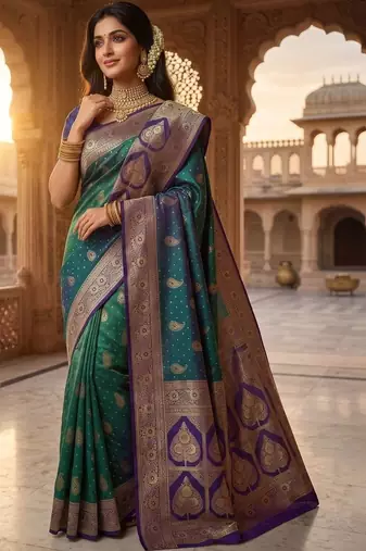 Teal woven design zari art silk banarasi saree