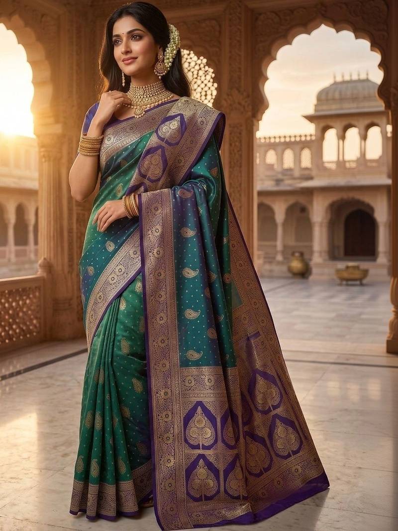 Teal woven design zari art silk banarasi saree
