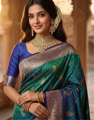 Teal woven design zari art silk banarasi saree 2