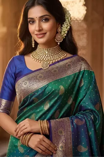 Teal woven design zari art silk banarasi saree