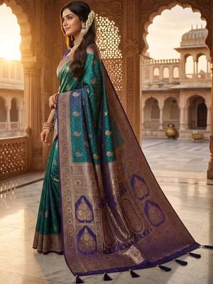 Teal woven design zari art silk banarasi saree 3