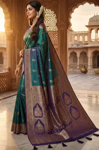 Teal woven design zari art silk banarasi saree