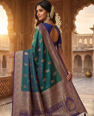 Teal woven design zari art silk banarasi saree 4