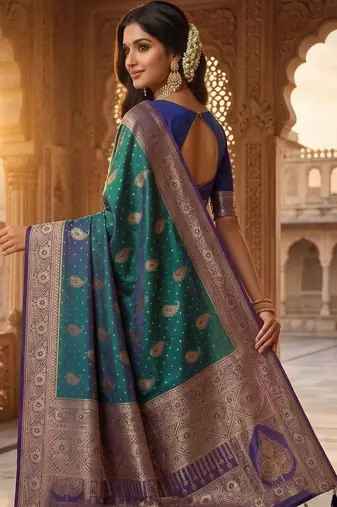 Teal woven design zari art silk banarasi saree