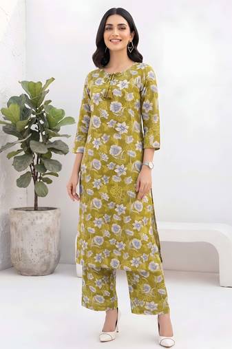 Olive green printed co-ord set for women