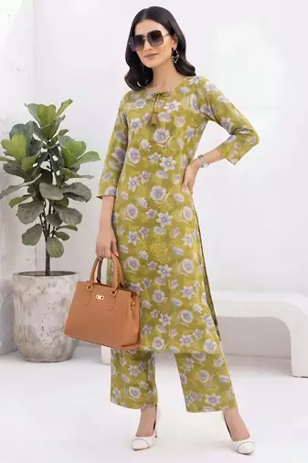 Olive green printed co-ord set for women
