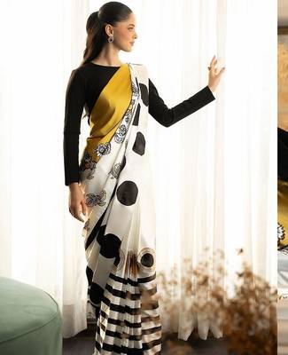 White polka dot satin designer bagh saree 1