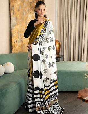 White polka dot satin designer bagh saree 2