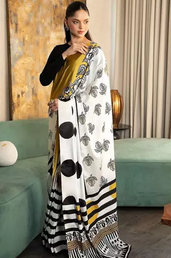 White polka dot satin designer bagh saree