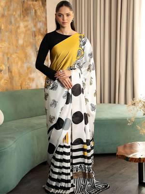 White polka dot satin designer bagh saree 3