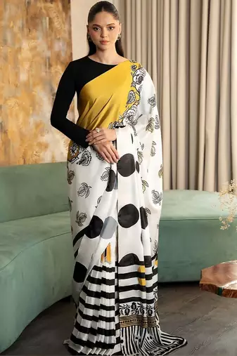 White polka dot satin designer bagh saree