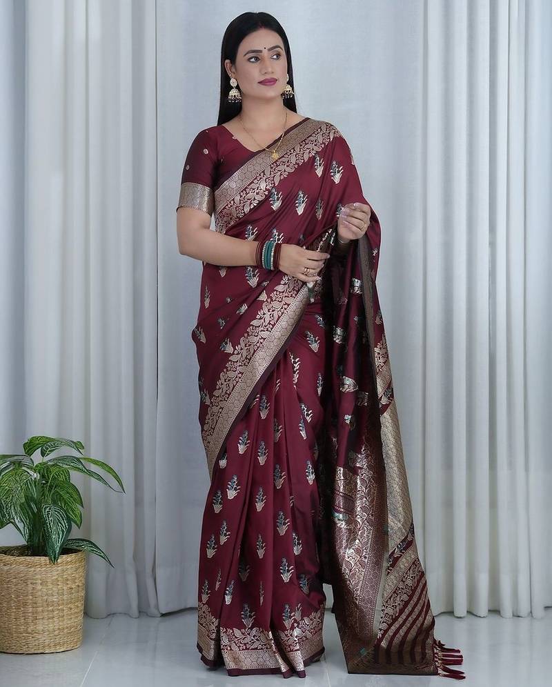 Maroon woven design zari banarasi saree