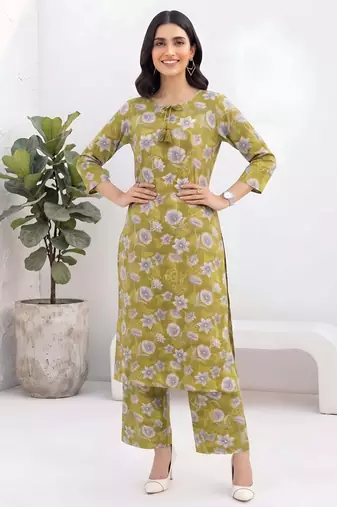 Olive green printed co-ord set for women