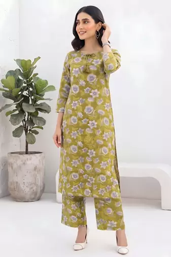 Olive green printed co-ord set for women