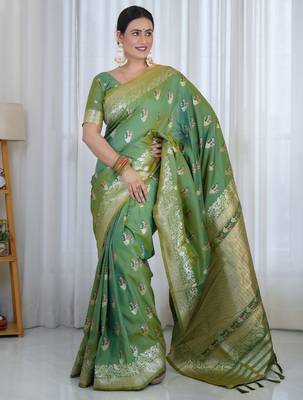 Sea green floral woven design zari banarasi saree 1
