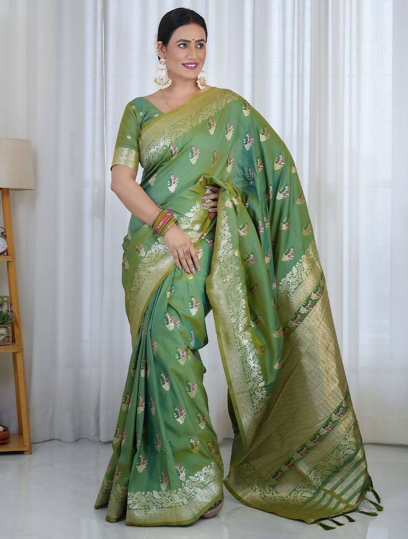 Sea green floral woven design zari banarasi saree
