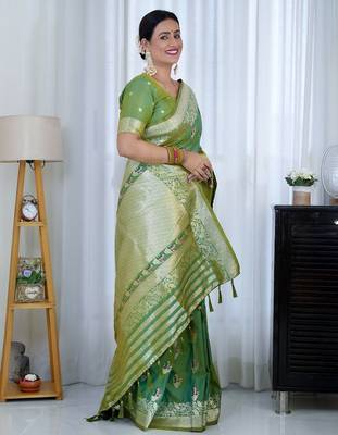 Sea green floral woven design zari banarasi saree 4