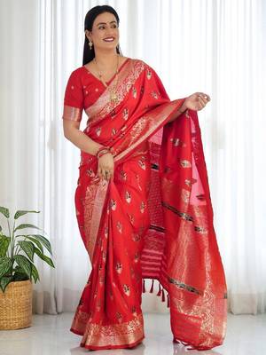 Red women ethnic motifs zari banarasi saree 1