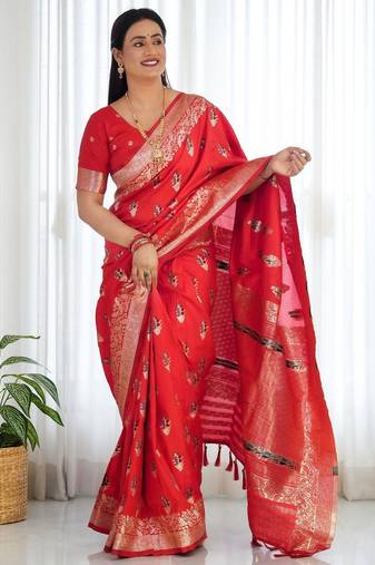 Red women ethnic motifs zari banarasi saree