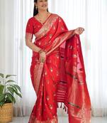Red women ethnic motifs zari banarasi saree