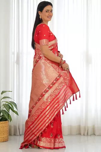 Red women ethnic motifs zari banarasi saree