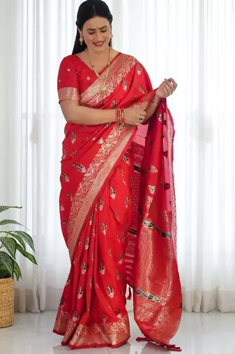 Red women ethnic motifs zari banarasi saree