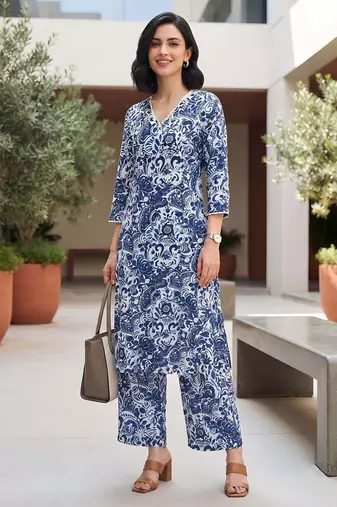 Blue printed co-ord set for women