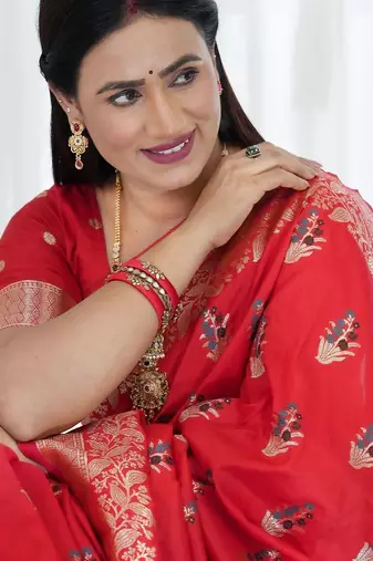 Red women ethnic motifs zari banarasi saree