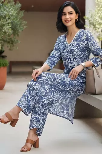 Blue printed co-ord set for women