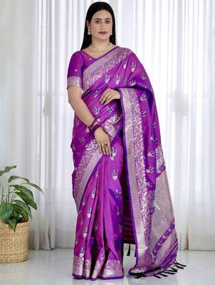 Purple ethnic motifs woven design zari banarasi saree 1