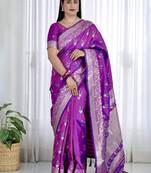 Purple ethnic motifs woven design zari banarasi saree