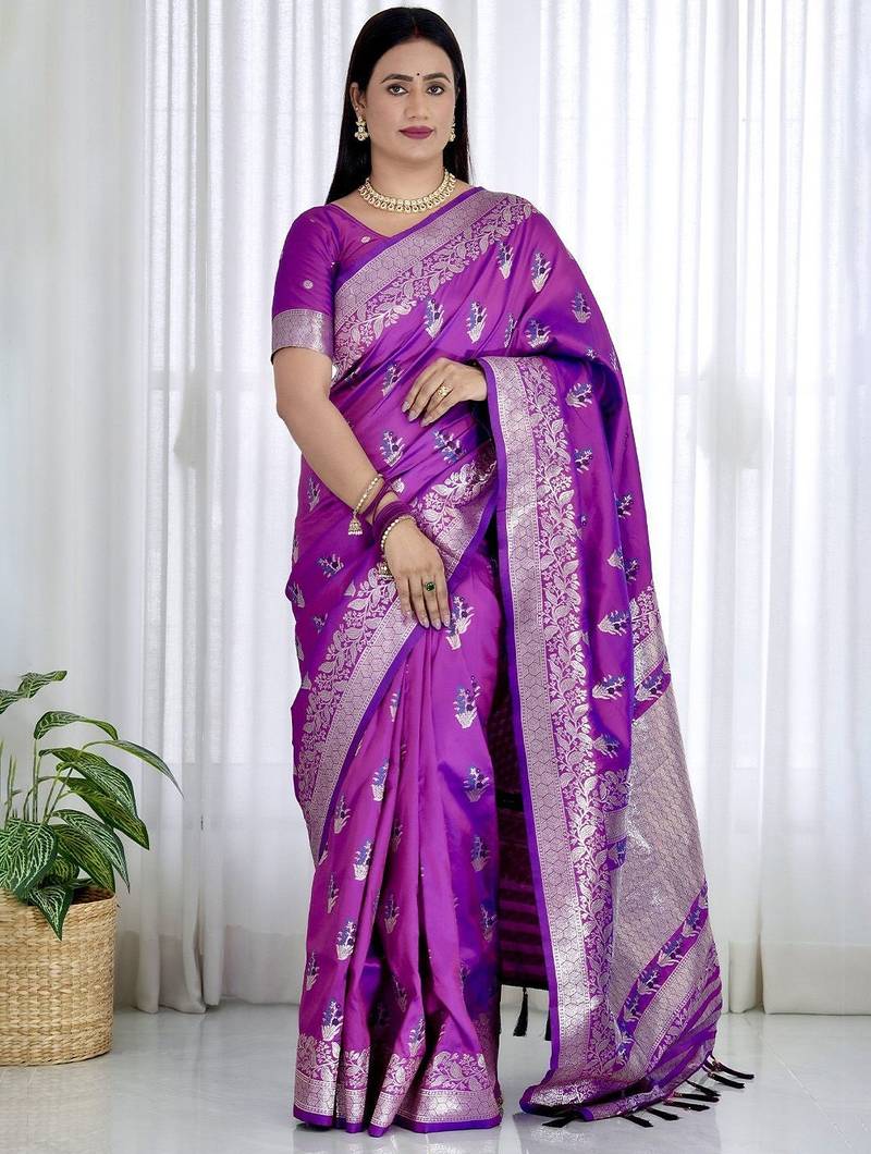 Purple ethnic motifs woven design zari banarasi saree